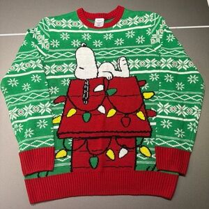 Vintage Peanuts Snoopy Ugly Xmas Sweater Green HolidayLights Doghouse MENS LARGE